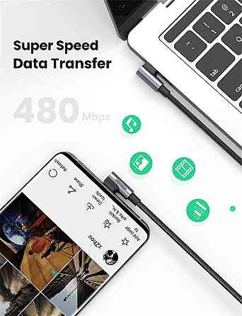 Кабель USB 2.0 Type-C M-M, 2 м, 90°, 100W Косм. Сірий US335 UGREEN Вінниця