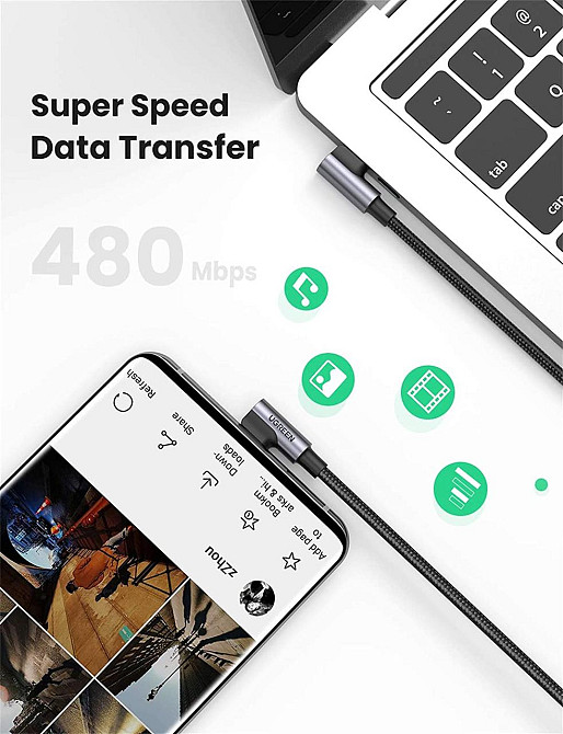 Кабель USB 2.0 Type-C M-M, 2 м, 90°, 100W Косм. Сірий US335 UGREEN Вінниця - фото 5