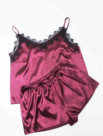 Піжама жіноча атласна з мереживом майка + шорти Бордовий 3XL-4XL Харків