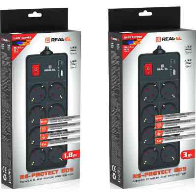 Мережевий фільтр живлення REAL-EL RS-PROTECT 805 3m, black (EL122300043) Вінниця