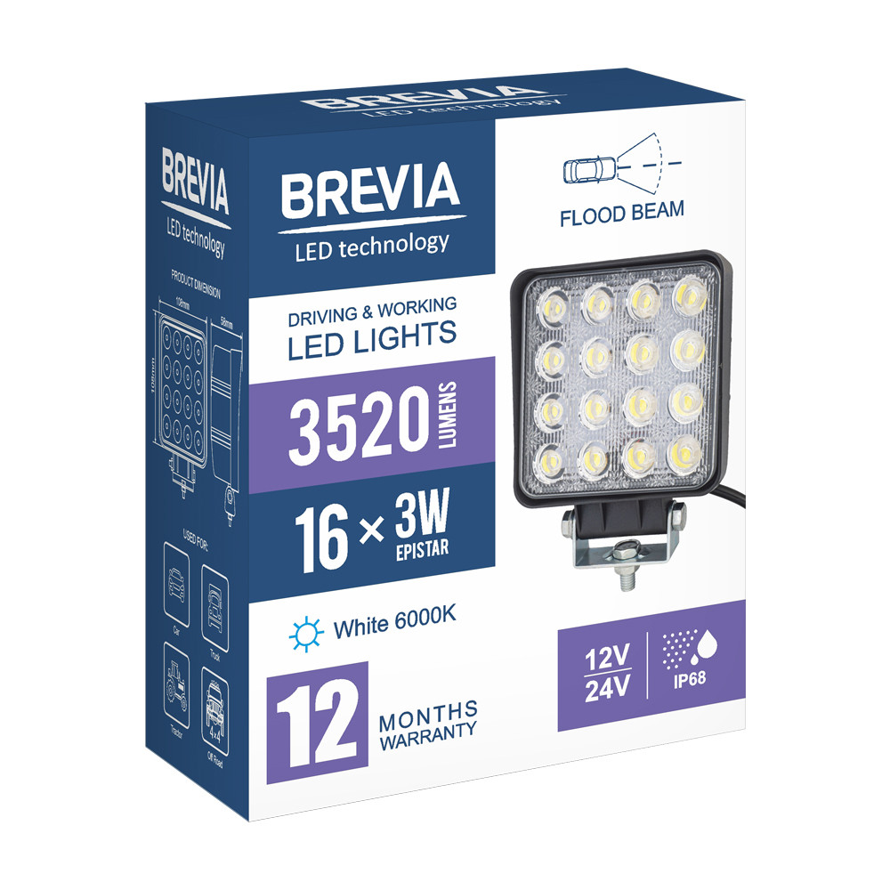 Фара светодиодная Brevia Epistar white Flood 10-30V, 48W (16x3W), 3520Lm, 1шт Львов - изображение 7