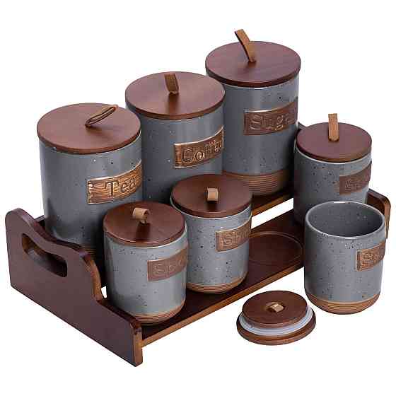 Yiwu Банки для сипучих продуктів набір 9 штук на бамбуковій підставці з кришками 36.5×20.5×22 с Коломия