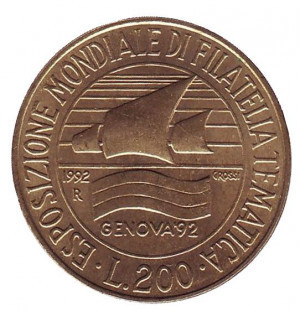 Виставка марок в Генуї. Монета 200 лір. 1992 рік, Італія. Полтава - фото 1