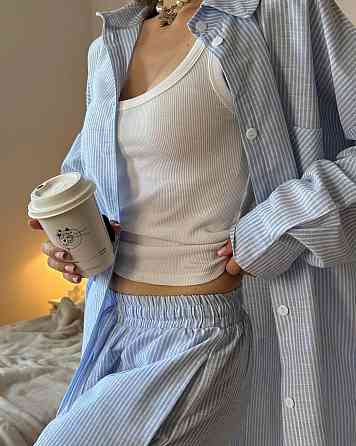 Женский стильный повседневный костм двойка лен- коттон полоска Голубой, 42/46 Одесса