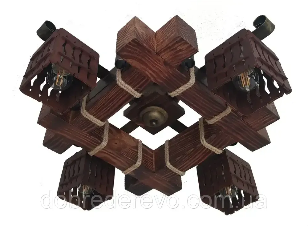 Люстра дерев'яна квадрат потолочна на 4 плафона Вижниця - фото 1