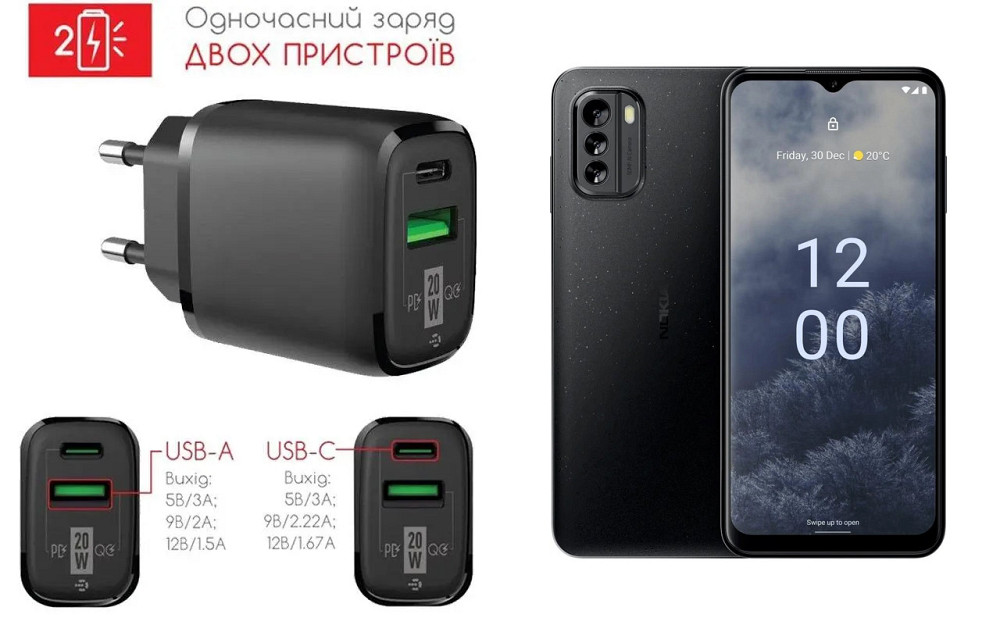 Сетевое зарядное устройство для Nokia G60 5G, 20W 3A, Quick Charge 3.0 Киев - изображение 1