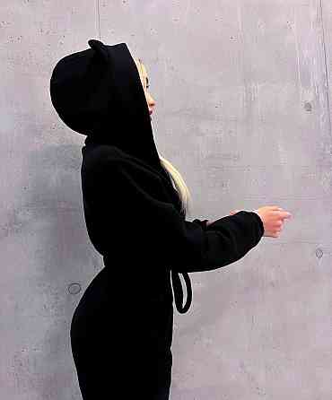 Женский стильный теплый комбинезон с ушками трехнить на флисе Черный, 44/46 Одесса