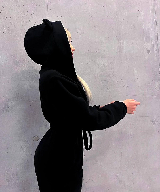 Женский стильный теплый комбинезон с ушками трехнить на флисе Черный, 44/46 Одесса - изображение 4