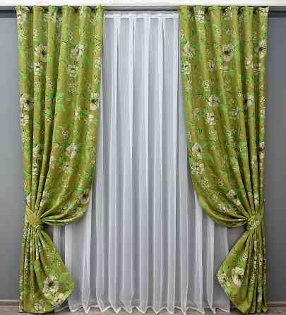 Шторна тканина льон з квітковим принтом, колекція "Прованс" колір оливковий 1726ш Київ