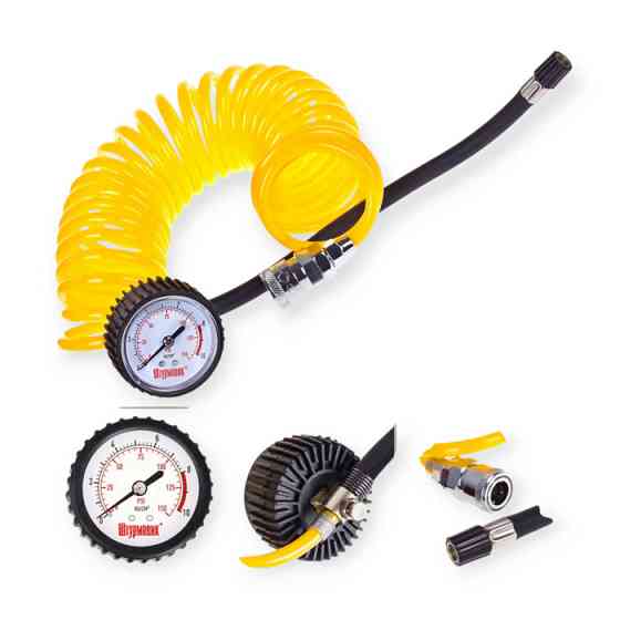 Шланг подкачки колес от компрессора спиральный под быстросъем 5м манометр, дефлятор Штурмовик для Мукачево