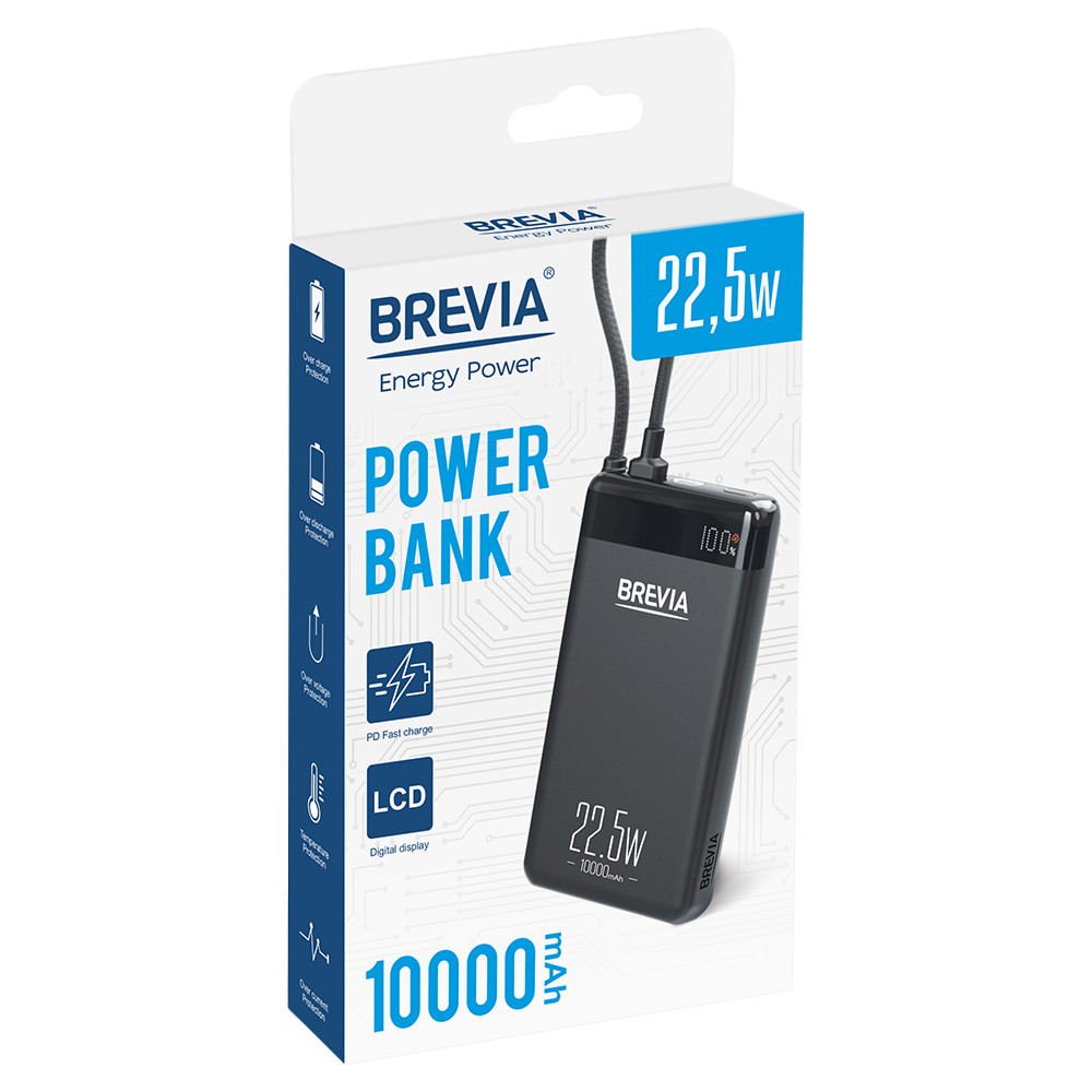 Повербанк (Power Bank) Brevia ePower 10000mAh 22,5W SuperSlim LCD черный металлик + кабель Львов - изображение 6