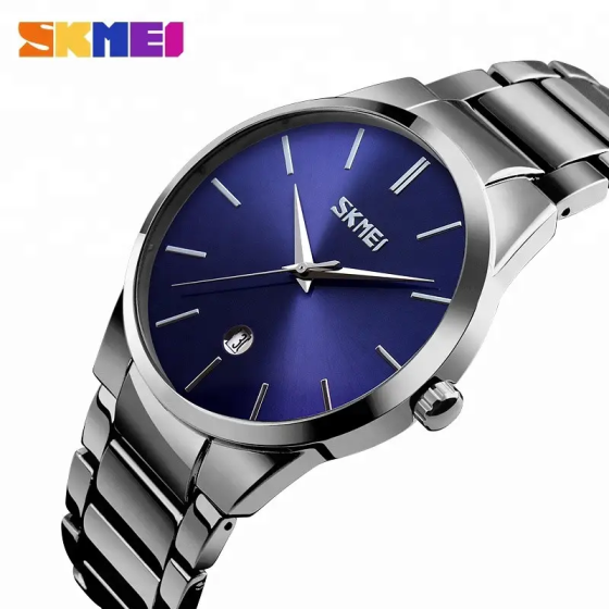 Чоловічий наручний годинник Skmei 9140 Сріблястий з синім циферблатом Київ
