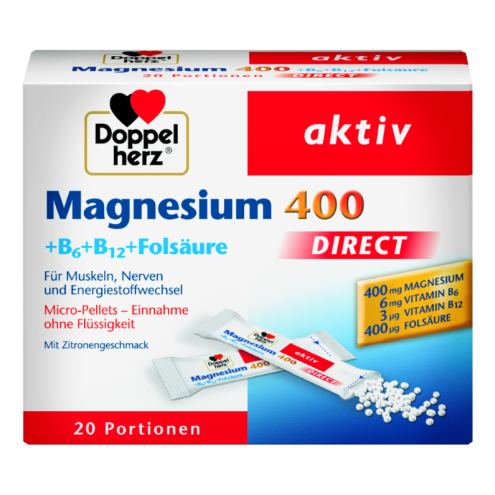 DOPPELHERZ AKTIV DIRECT: магній 400 + B6 + B12 + фолієва кислота, розчинні мікрогранули, 20 пакетики Львів - фото 1