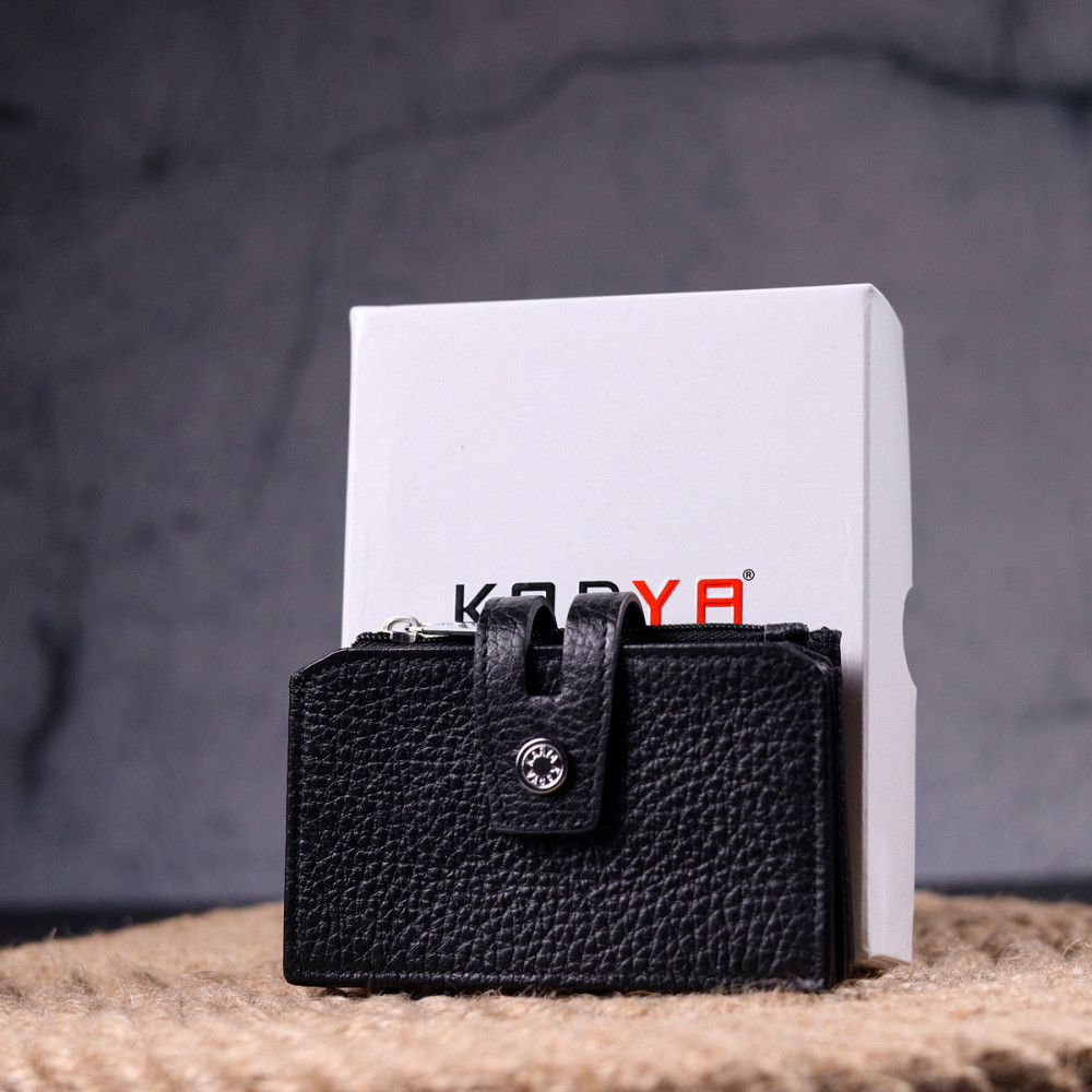 Практичний картхолдер із натуральної зернистої шкіри KARYA 21332 Чорний Київ - фото 9