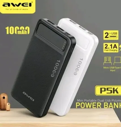 Портативний Зовнішній акумулятор Power Bank AWEI P5K 10000mah для заряджання двох пристроїв одночасн Київ