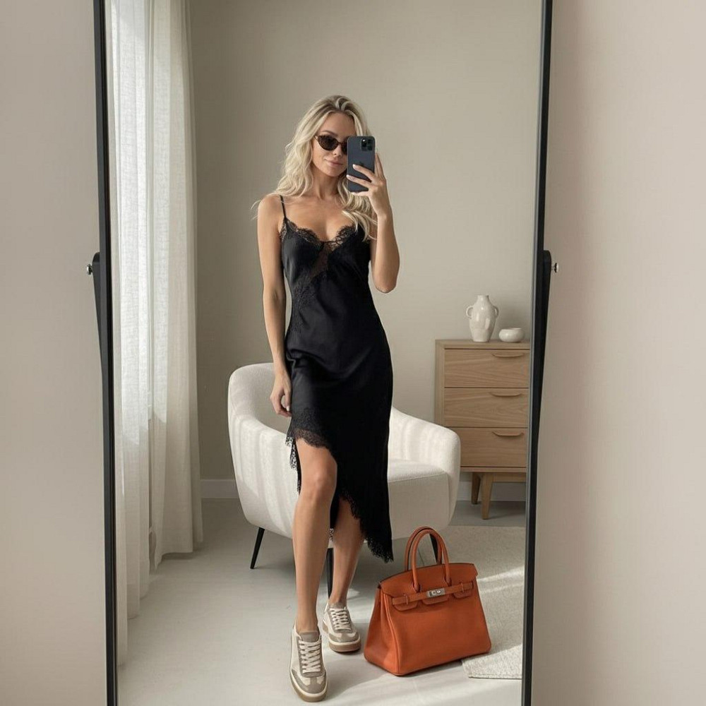 Блуза комбинация шелк Armani с кружевом, тонкие бретели, мягкая посадка, черный, размер L Лубны - изображение 3