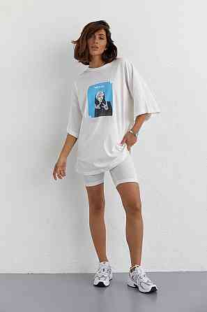 Костюм с футболкой oversize и велосипедками, молочный, S, летний хлопковый трикотаж. Лубны