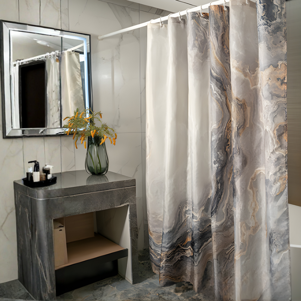 Шторка для ванной и душа с кольцами 180x180 см водоотталкивающая, шторка для душевой и ванной с крючками, мраморное-золото Каменец-Подольский - изображение 1