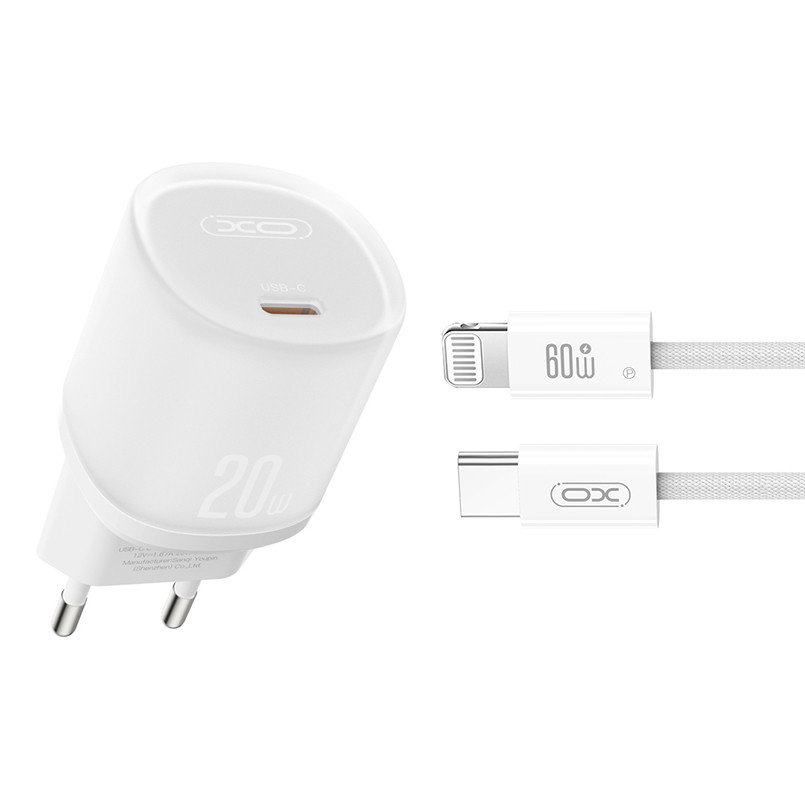 Мережевий зарядний пристрій XO L143 PD20W Single USB-C + Lightning кабель білий Львів - фото 1