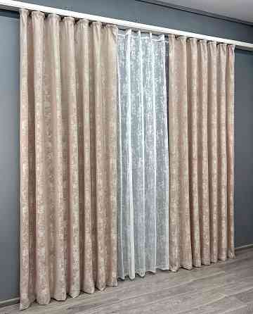 Комплект штор VR-Textil Жаккард Мрамор 200х270 2шт и Тюль 600х270 1290ш-1400т Бежево-пудровый с белым 71-120/7 Киев