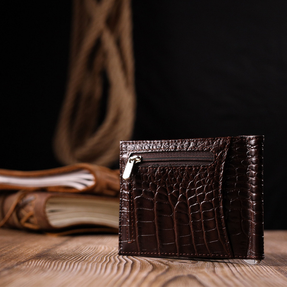 Превосходный мужской зажим из натуральной кожи с тиснением под крокодила KARYA 21119 Коричневый Киев - изображение 9