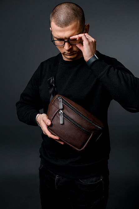 Сумка на пояс мужская из натуральной кожи флотар, коричневая SL035 (Коричневая) Сумы - изображение 3