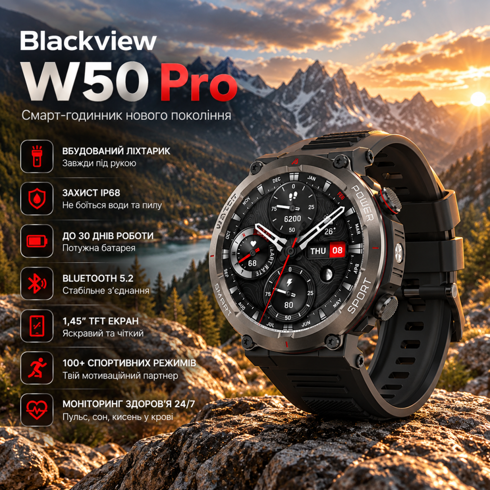 Смарт-годинник Blackview W50 Pro Black водонепроникний захищений розумний годинник з ліхтариком та Bluetooth Чорний Київ - фото 9