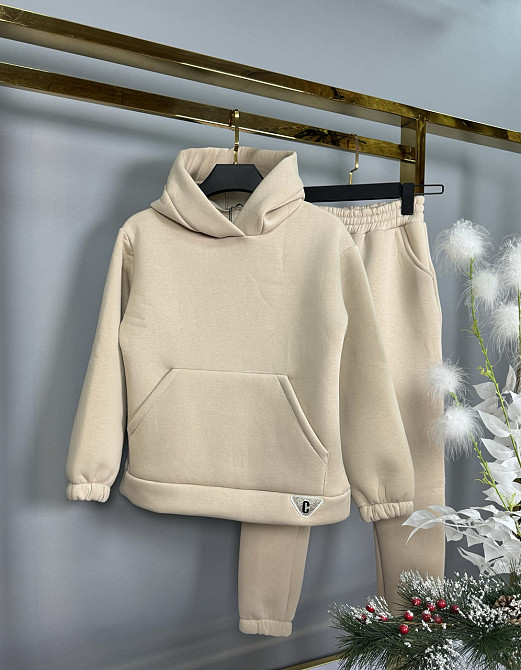 Детский теплый бежевый спортивный костюм для девочек подростков 3нитка флис оверсайз 158 Николаев - изображение 1