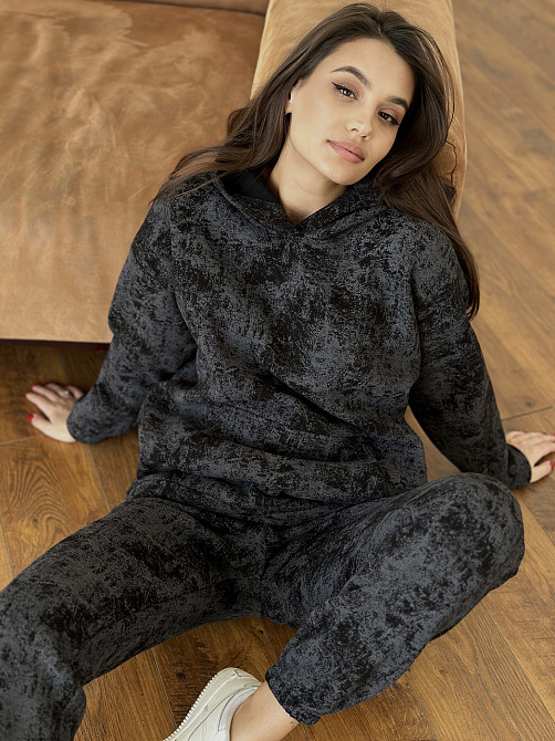 Теплий спортивний костюм жіночий мармуровий принт на флісі Чорний XXL/XXXL Харків - фото 1