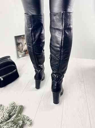 Ботфорти жіночі 14 чорні натуральна шкіра з хутром до кісточки висота 43 см каблук 8 см обхват Коломыя