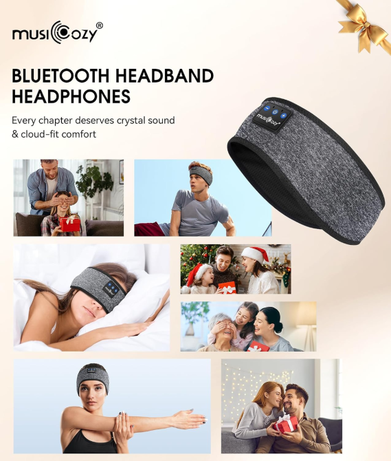 Бездротові навушники-пов'язка MUSICOZY Bluetooth 5.4 для сну та спорту, HD Stereo, 40 мм, до 14 годин, USB-C, сірі Київ - фото 9