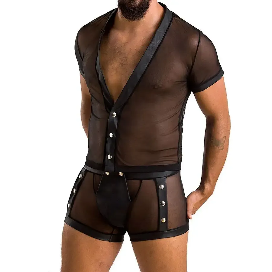 Комплект сітчастої чоловічої білизни Passion 052 SET MICHAEL 2XL/3XL black сорочка, боксери заклепки Львів - фото 1