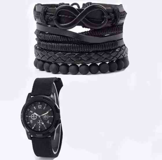 Подарунковий набір для чоловіків наручний годинник з 4 браслетами чорний Київ