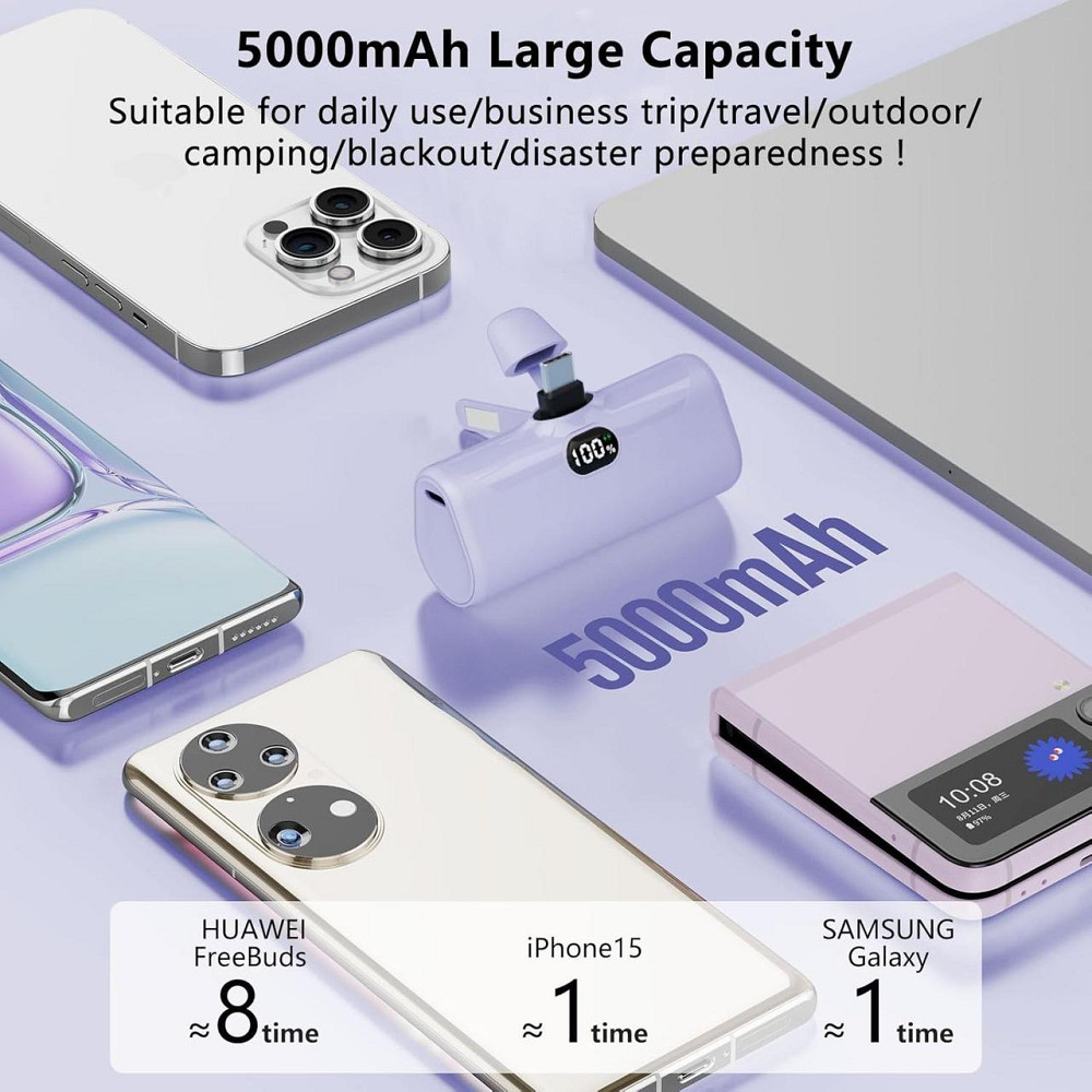 Портативное зарядное устройство LUCKYDUO 5000mAh, компактное, с LED-фонариком и подставкой, PD15W, фиолетовый Киев - изображение 5