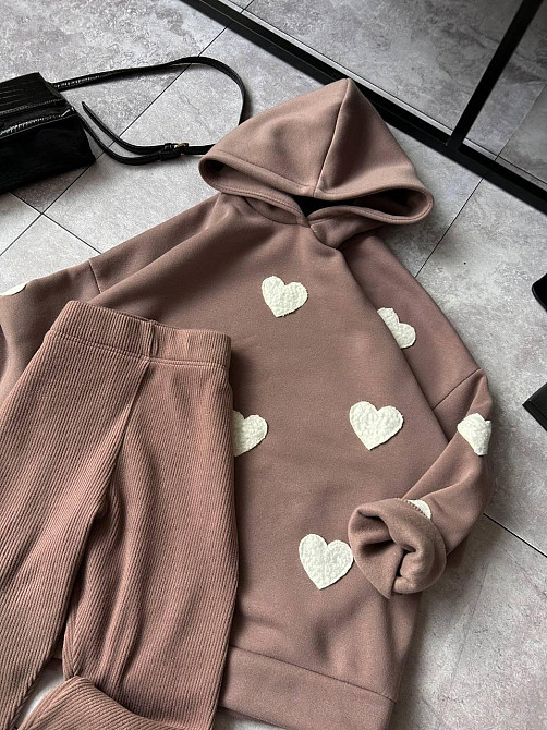 Жіночий теплий прогулянковий костюм-двійка з сердечками тринитка на флісі + ангора рубчик Моко, 50/52 Одеса - фото 3