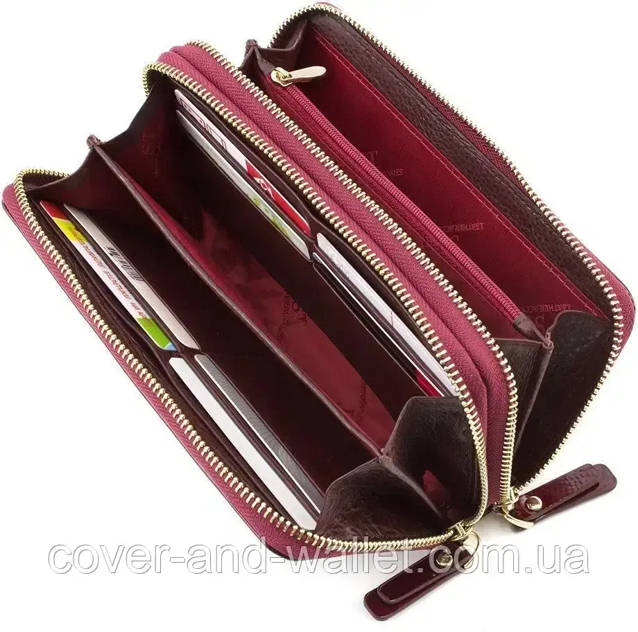 Женский лаковый кожаный кошелек на две молнии красного цвета ST AE 238-2 Бордовый Киев - изображение 4