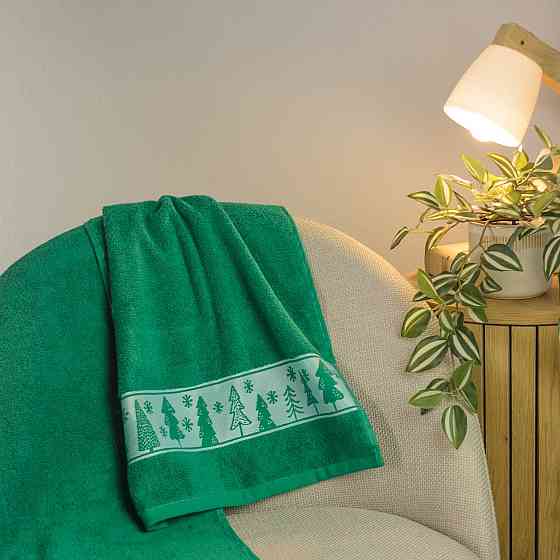 Комплект махровых полотенец Новогодние Merry Christmas Елки 2шт GM Textile 50х90см, 70х140см 500г/м2 (Зеленый) Сумы