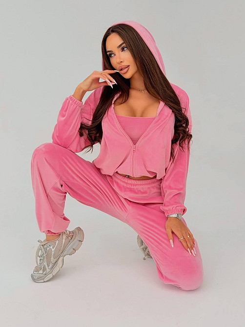 Жіночий стильний повсякденний велюровий костюм-трійка Рожевий, 42/44 Одеса - фото 4