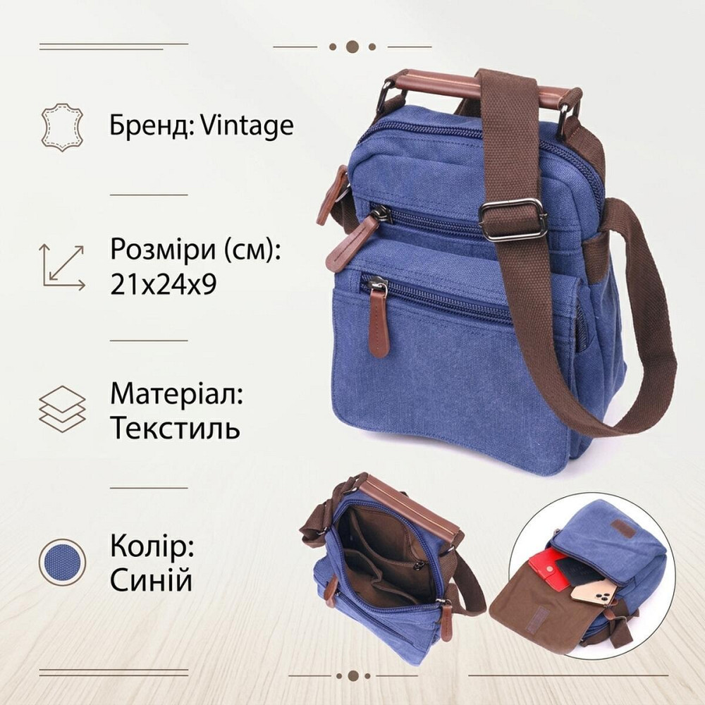 Відмінна чоловіча сумка із щільного текстилю 21228 Vintage Синя Київ - фото 13