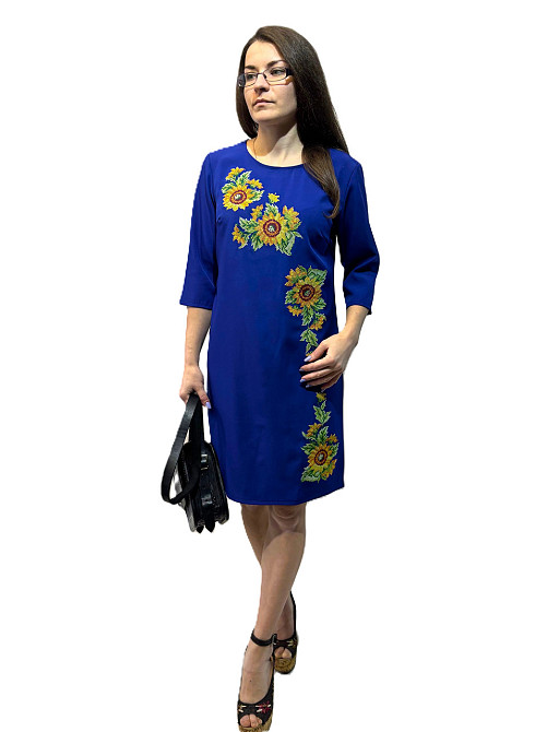 Женское вышитое платье ярко синее в Подсолнухах 38 Киев - изображение 1