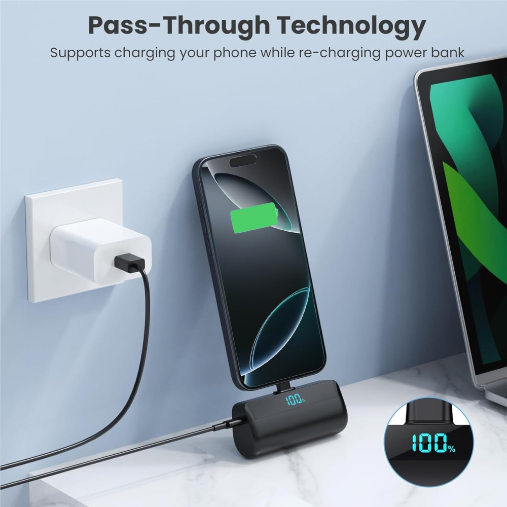 Повербанк Pxwaxpy 5200 мА·ч для iPhone 15/16, USB-C PD, быстрая зарядка, мини Power Bank с LCD-дисплеем, черный Киев - изображение 8