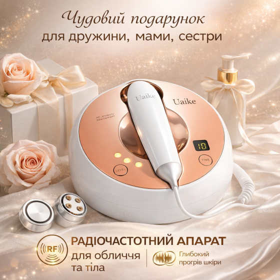 РФ-ліфтинг апарат Uaike RF для підтяжки шкіри обличчя та тіла, радіочастотний пристрій для омолодження, 3 рівні, 2 насадки Київ