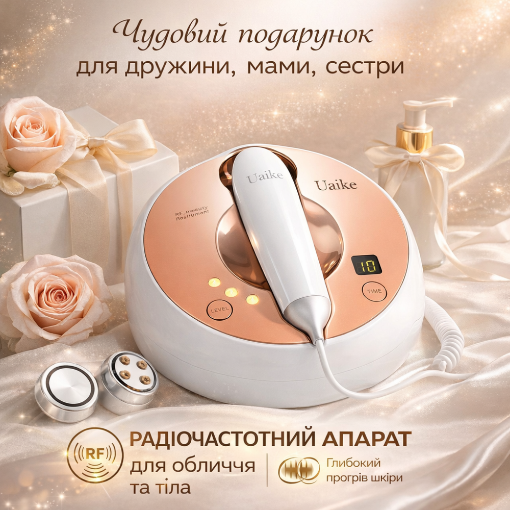 РФ-ліфтинг апарат Uaike RF для підтяжки шкіри обличчя та тіла, радіочастотний пристрій для омолодження, 3 рівні, 2 насадки Київ - фото 1