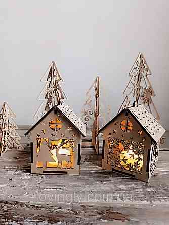 Набір підвісок з LED свічками, два дерев'яні будиночки 13 см. Ірпінь