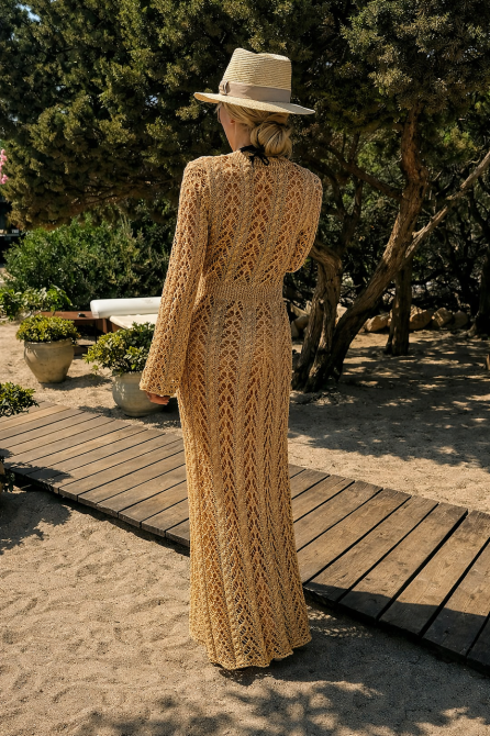 Сукня-накидка пляжна бежева золотиста напівпрозора поверх купальника або сукні, з розрізом, приталена, рукави кльош, брендова М Київ - фото 5