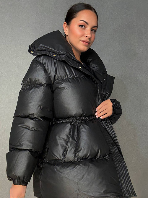 Куртка жіноча Haiziyuan 8055 пуфер глянцева подовжена з утяжкою на талії чорна, чорний, M Київ - фото 5