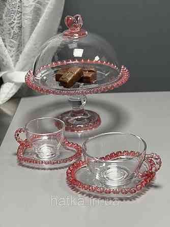 Чашка з блюдцем "Рожеве серце" для чаю 200 мл, прозора з рожевим обідком у вигляді серця Київ