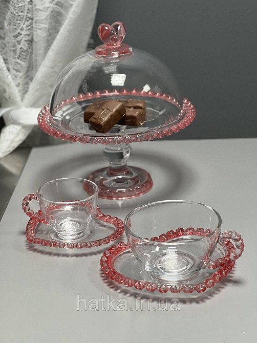 Чашка з блюдцем "Рожеве серце" для чаю 200 мл, прозора з рожевим обідком у вигляді серця Київ - фото 4