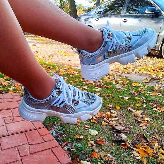 -Женские Кроссовки на Танкетке Серебристые Слипоны Мокасины на Платформе (размеры: 37,38,39) - 275-1 Днепр