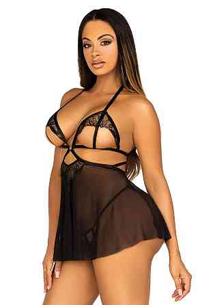 Сорочка беби-долл с открытыми чашками Leg Avenue Lace and mesh babydoll & panty Black L, стринги Sex Aura Киев